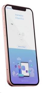Smartphone de profil avec option d'identification par e-mail pour l'animateur, sur fond transparent.