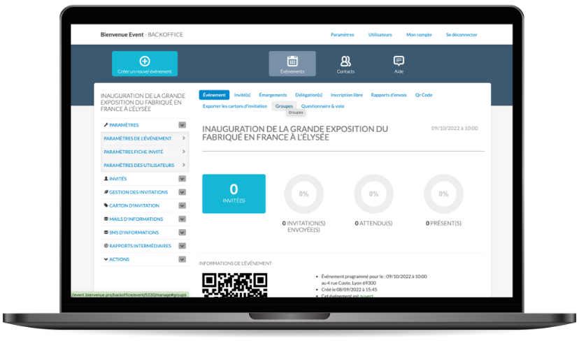 Illustration d'un ordinateur portable affichant le back office de l'application Bienvenue Event sur fond transparent.