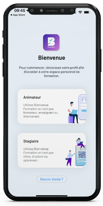 Illustration d'un smartphone affichant la page de choix de profil (administrateur ou stagiaire) sur l'application Bienvenue Formation, sur fond transparent.