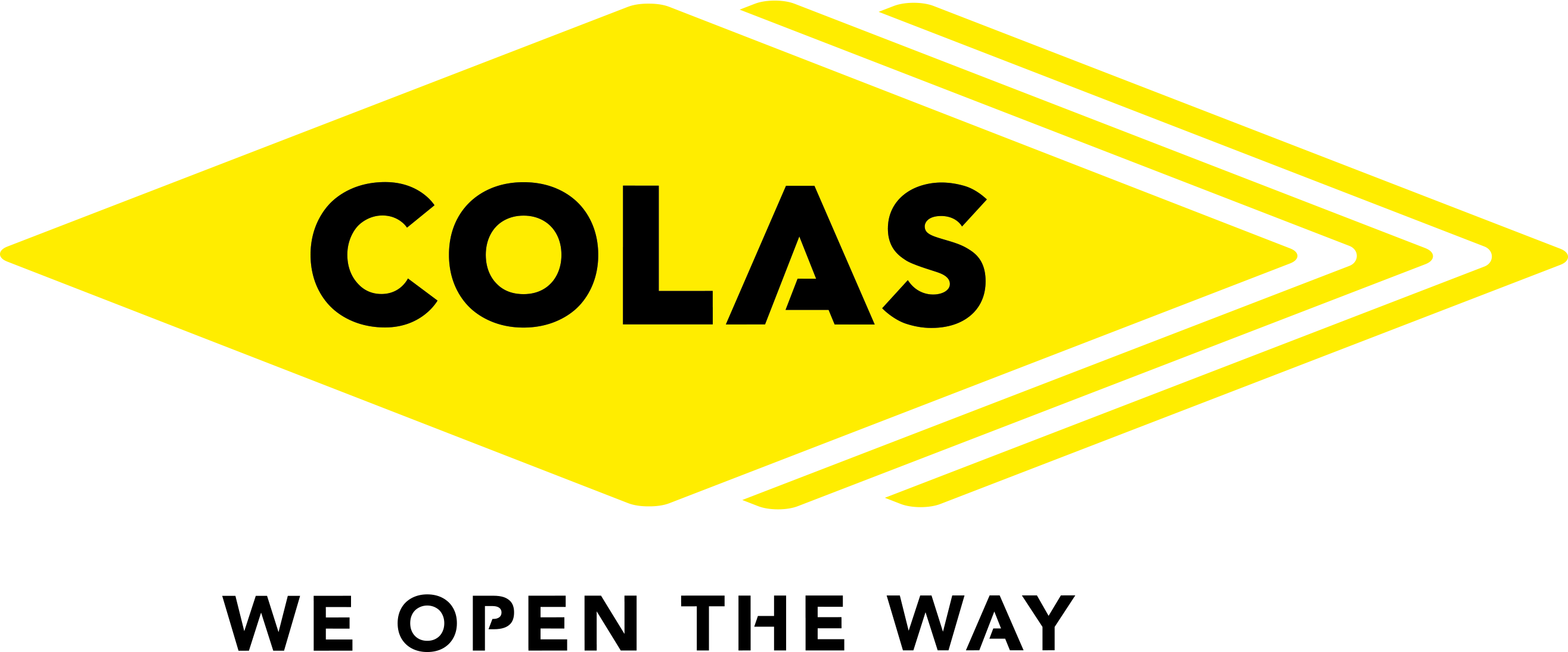 Logo Colas - We Open the Way : slogan "We Open the Way" accompagnant le nom "Colas" en lettres stylisées, sur fond transparent.