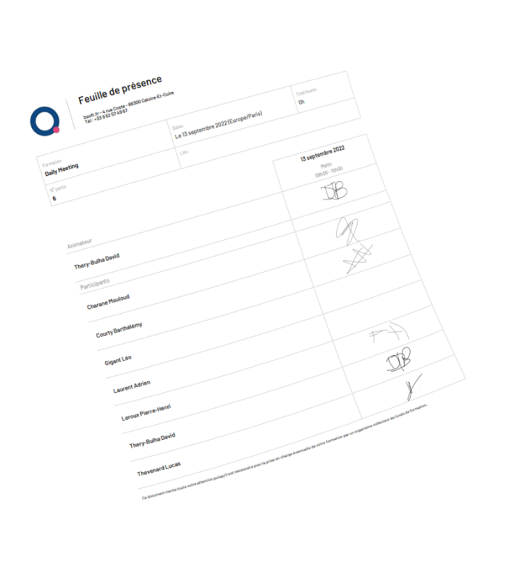 Image d&#039;une feuille de présence avec formation, dates, total des heures, nombres de parties, lieu, animateurs et participants