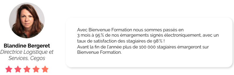 Avis Client - Blandine Berger, Directrice Logistique et Services, Cegos : Témoignage de Blandine Berger sur fond transparent.