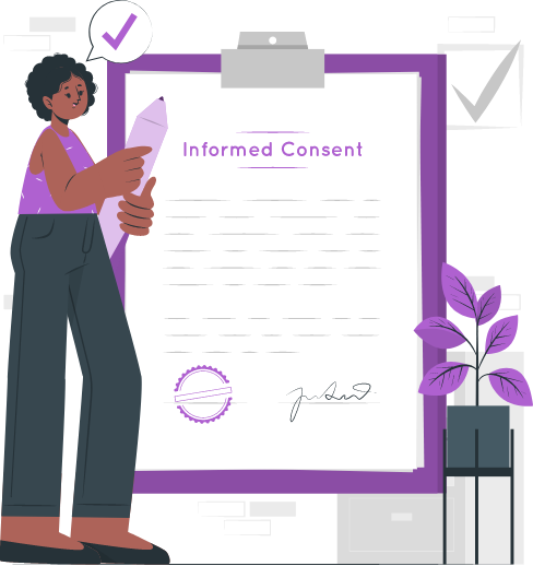 Animation Signature de Document : illustration animée d'une femme signant un document, avec un fond transparent et une teinte violette.
