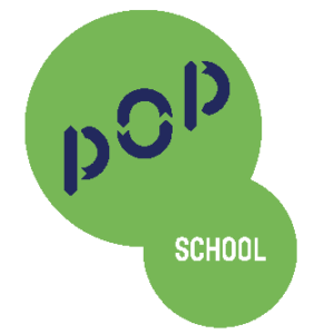 Logo Pop School : nom "Pop School" en lettres stylisées, sur fond transparent.