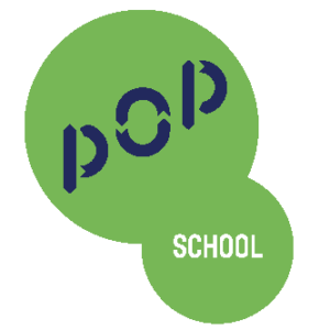 Logo Pop School : nom &quot;Pop School&quot; en lettres stylisées, sur fond transparent.