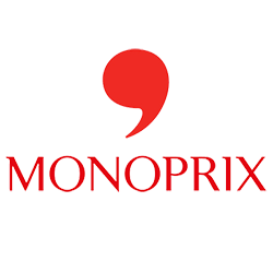 Logo Monoprix : lettres &quot;Monoprix&quot; en lettres stylisées, sur fond transparent.