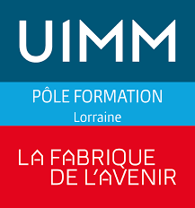 Logo UIMM Pôle Formation Lorraine - La Fabrique de l&#039;Avenir : nom &quot;UIMM Pôle Formation Lorraine&quot; en lettres stylisées avec la mention &quot;La Fabrique de l&#039;Avenir&quot;, sur fond transparent.