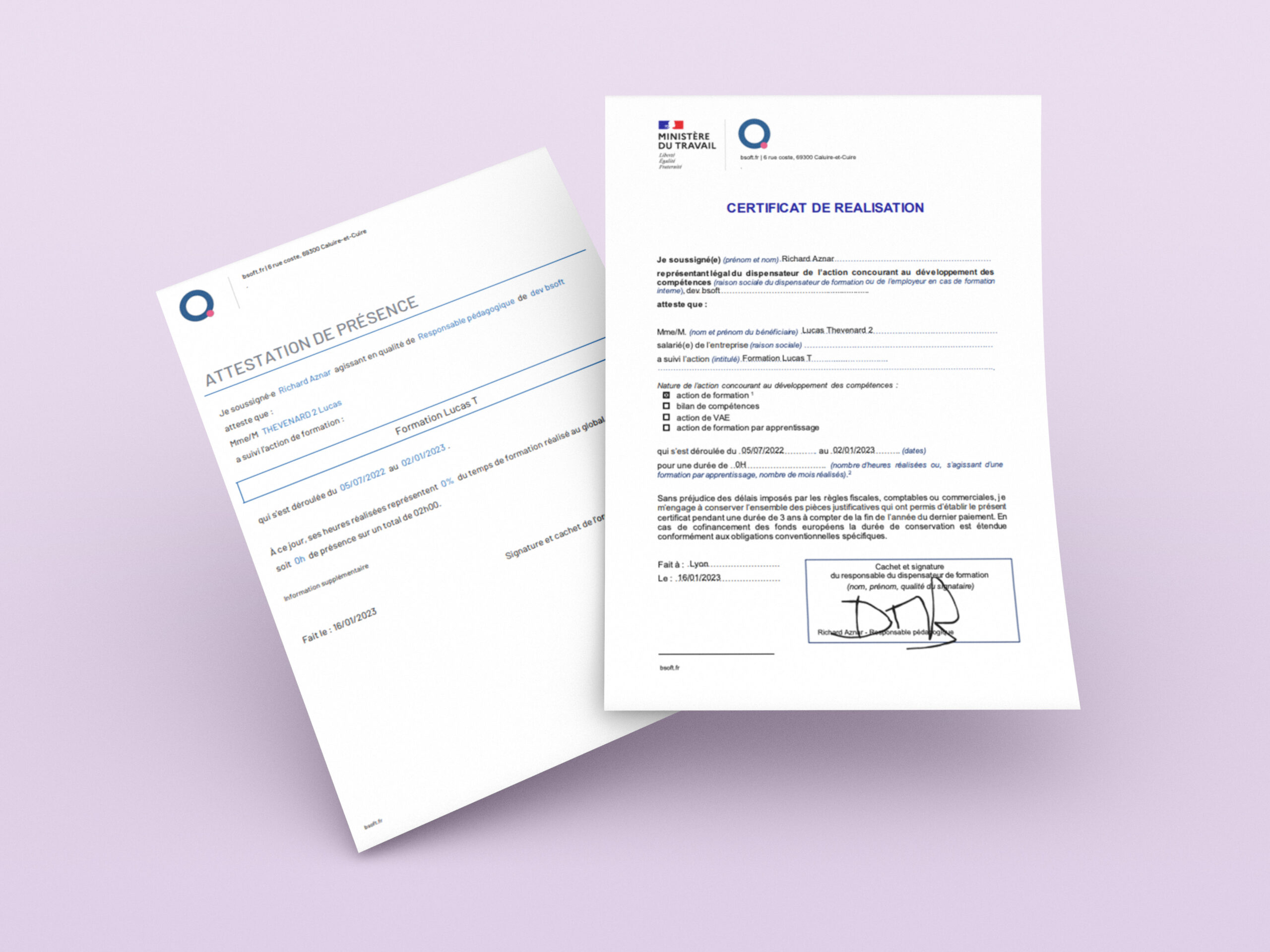 Attestation et certificat de réalisation de l'entreprise Bsoft sur fond violet, destinés aux grandes écoles, entreprises et organismes de formation.