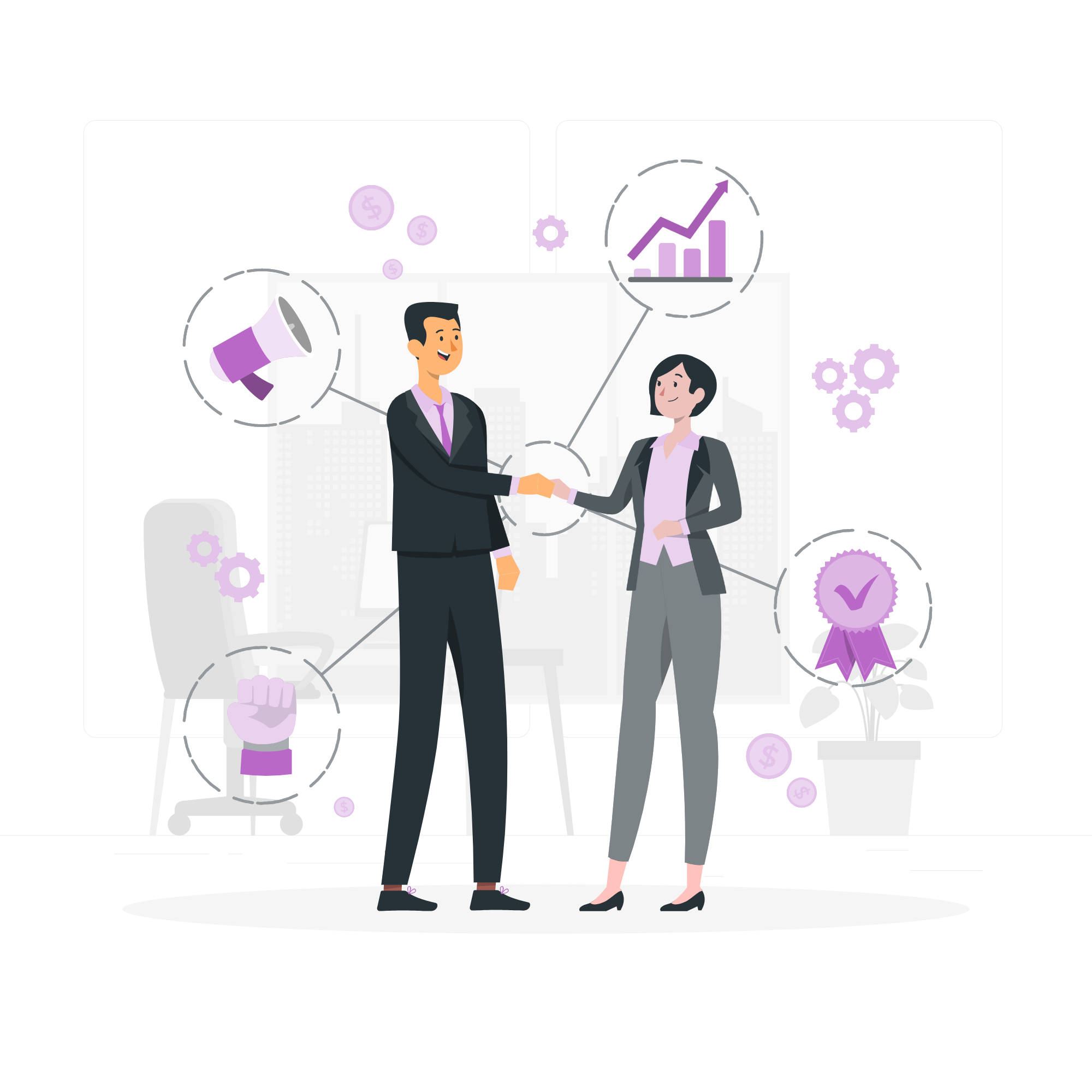 Illustration de deux personnes animés passant un accord sur un fond transparent. (Customer relationship management-rafiki)