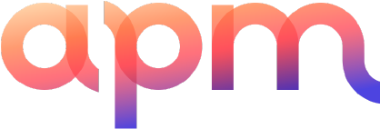 Logo APM : lettres "APM" en lettres stylisées, sur fond transparent.